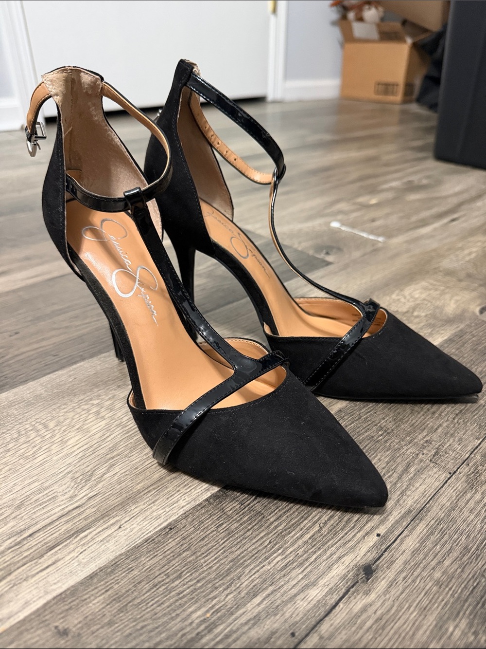 Jessica Simpson Black Suede Pointed T-Strap High Heels